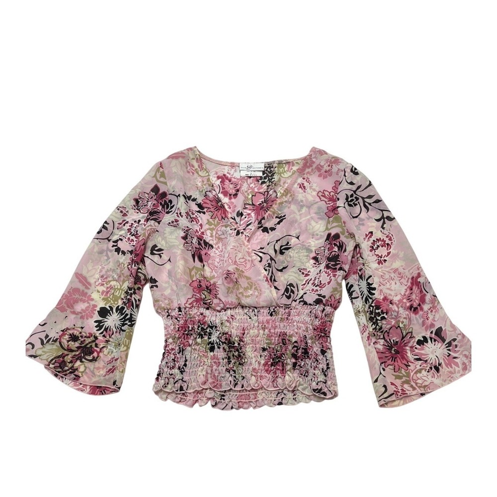 Vintage Iz Byer Y2K Top Womens L Pink Floral Sheer Chiffon Smocked Fairy Whimsy‎